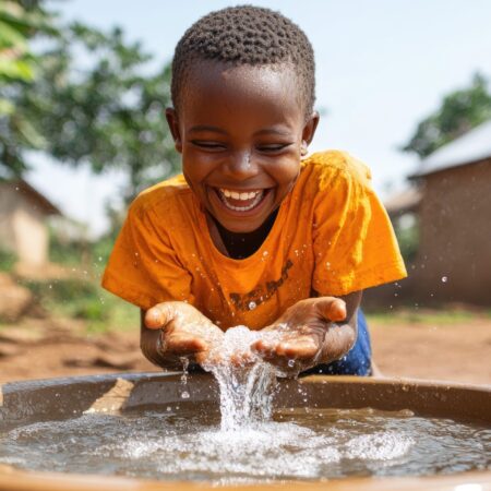 A joyful child plays with water while smiling, enjoying a sunny day in an outdoor setting.