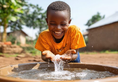 A joyful child plays with water while smiling, enjoying a sunny day in an outdoor setting.